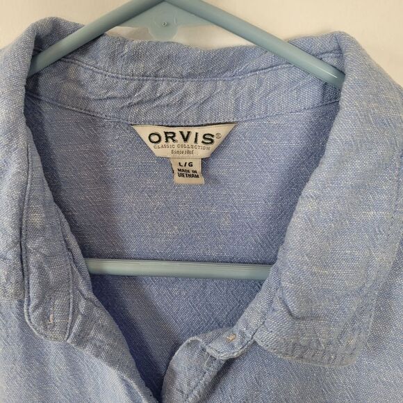 Orvis Linen Blend Button Up Blouse Top Cornflower Blue Summer Lightweight Large - Picture 8 of 9